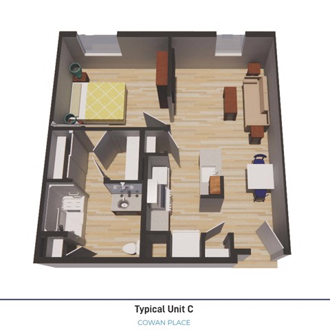 Floor plan for 1 bed, 1 bath, 655 sqft